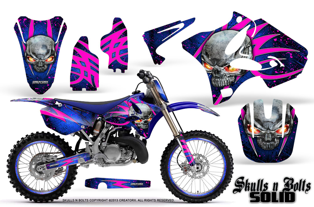 Yamaha YZ125-YZ250 02-12 Graphics Kit Skulls n Bolts Solid Pink Blue NP Rims